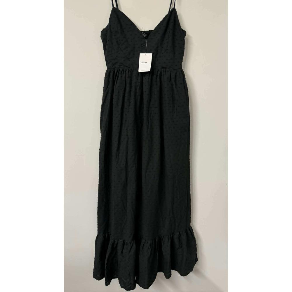 new Forever 21 Womens M Black Swiss Dot‎ Maxi Dress V-Neck Smocked Ruffle Hem